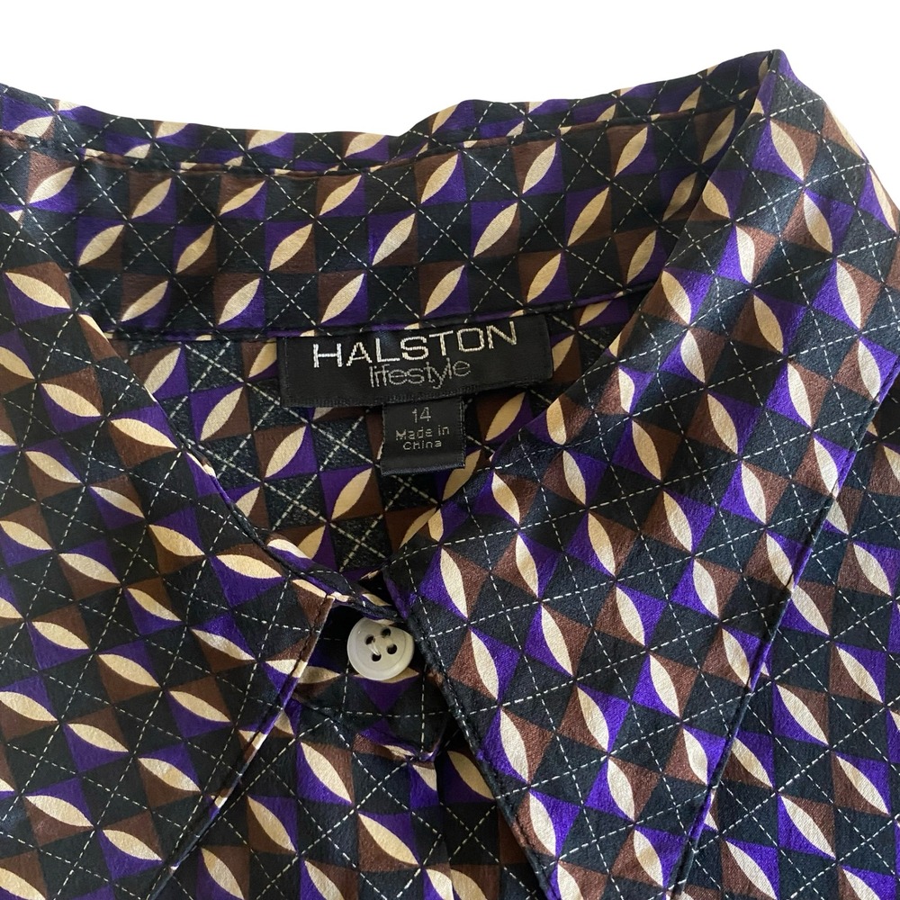 Halston Lifestyle Womens 14 Purple Brown Geometric 100% Silk Button Front Blouse - Picture 3 of 8